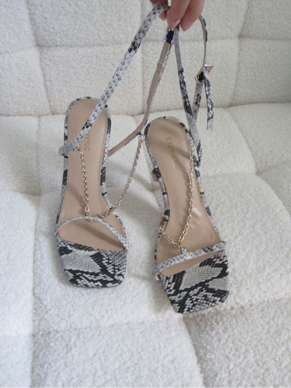 Express Snake-Print Strappy Heels in Black and White with Gold Chain Detail